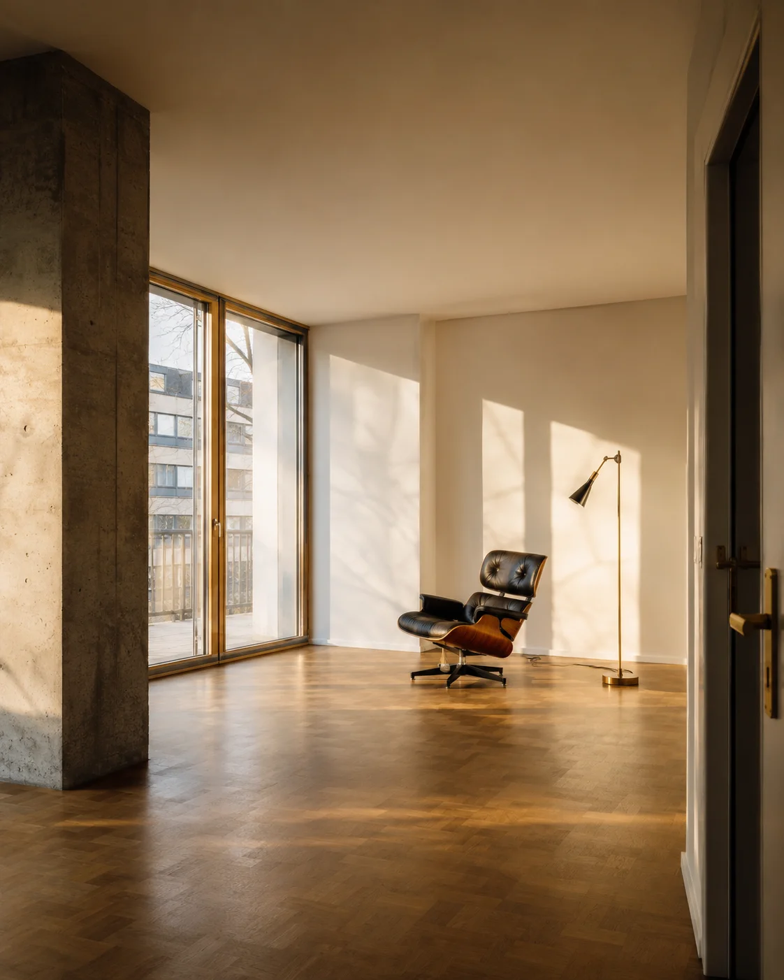 Innenansicht einer Schweizer Wohnung mit Nachmittagslicht durch hohe Fenster